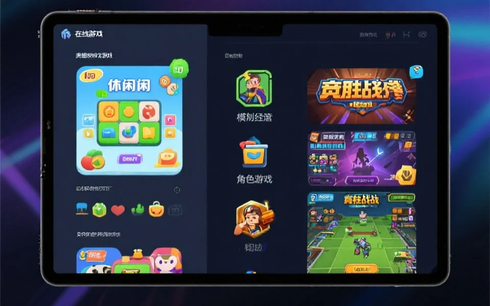 屏幕显示多种类型的在线游戏界面,左侧为休闲益智类,右侧为竞技对战类,中间有模拟经营和角色扮演游戏图标